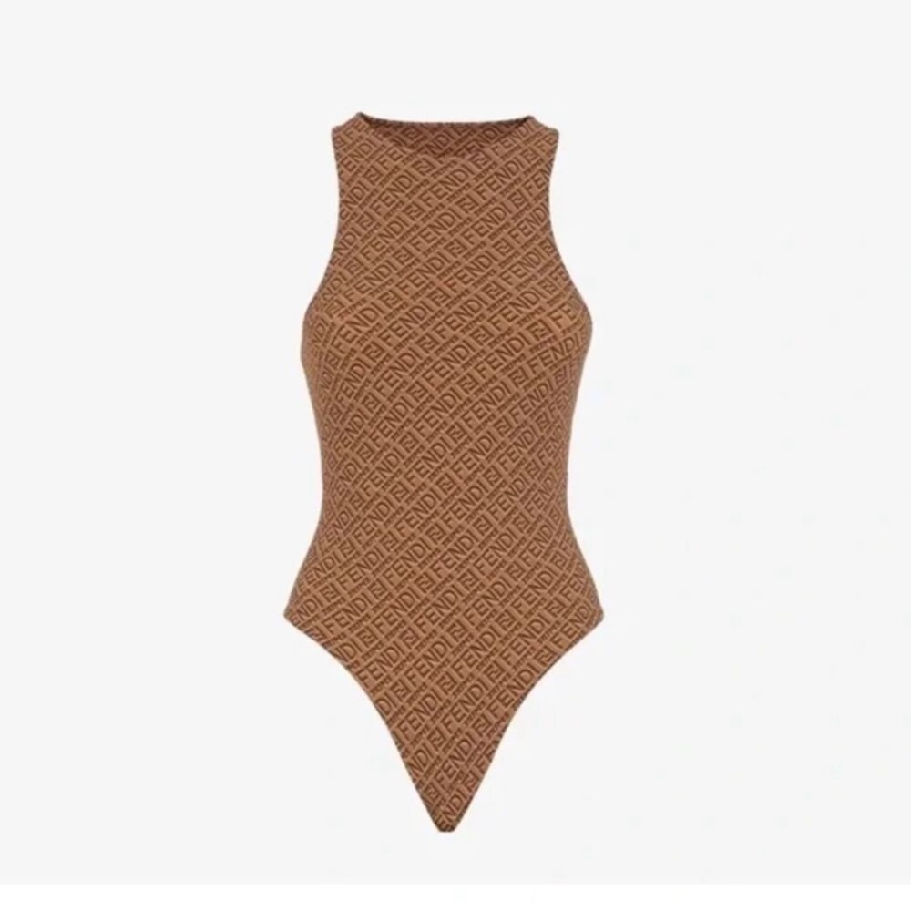 Fendi x Skims Graphic Print Mock Neck Bodysuit in Brown, Women's XXS